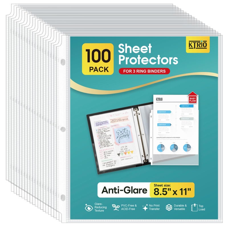 KTRIO 100 حزمة واقيات صفحات لحافظة 3 حلقات، واقي صفحات شفاف غير لامع، أكمام مستندات بلاستيكية تناسب ورق قياسي 8.5 x 11، تحميل من الأعلى، خالي من الأحماض - Image 1